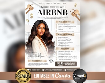 Airbnb cursusflyer, masterclass, Air bnb-coaching, workshop, poster doe-het-zelfcoach coach, financiële marketing, sjabloon voor doe-het-zelf mentorschap