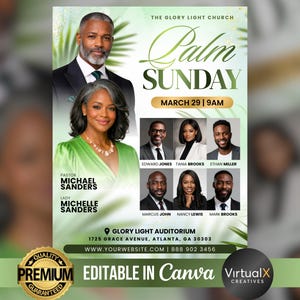 Plantilla de volante para el Domingo de Ramos / Volante editable de servicio de Pascua en Canva / Programa de iglesia cristiana verde moderno / Póster de adoración de Semana Santa