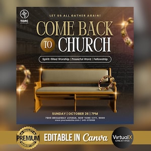 Pode incluir: Um an&uacute;ncio de um servi&ccedil;o religioso com o texto "COME BACK TO CHURCH" em letras douradas. A imagem apresenta um banco de igreja e um anel dourado decorativo. O texto tamb&eacute;m inclui a data, hora e endere&ccedil;o.