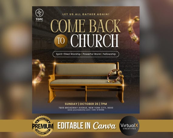 Church Invitation Template, Sunday Service Flyer, Sunday Worship, Editable Come Back to Church, DIY Church Service Canva Design