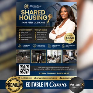 Puede incluir: Folleto promocional de HarborNest Housing, con una mujer con una blazer blanca. El folleto tiene un esquema de color azul y dorado, con el texto "Shared Housing That Feels Like Home". Incluye detalles sobre los servicios y comienza en $650 por mes.