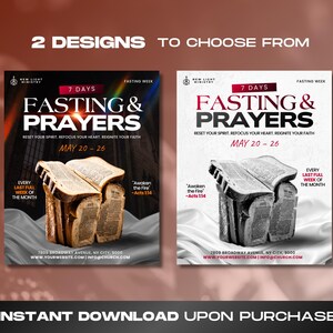 May include: Two designs for a fasting and prayer event are displayed. Each design features the text "Fasting & Prayers" with the dates May 20-26. One design is in black and the other is in white. The text "Instant Download Upon Purchase" is at the bottom.