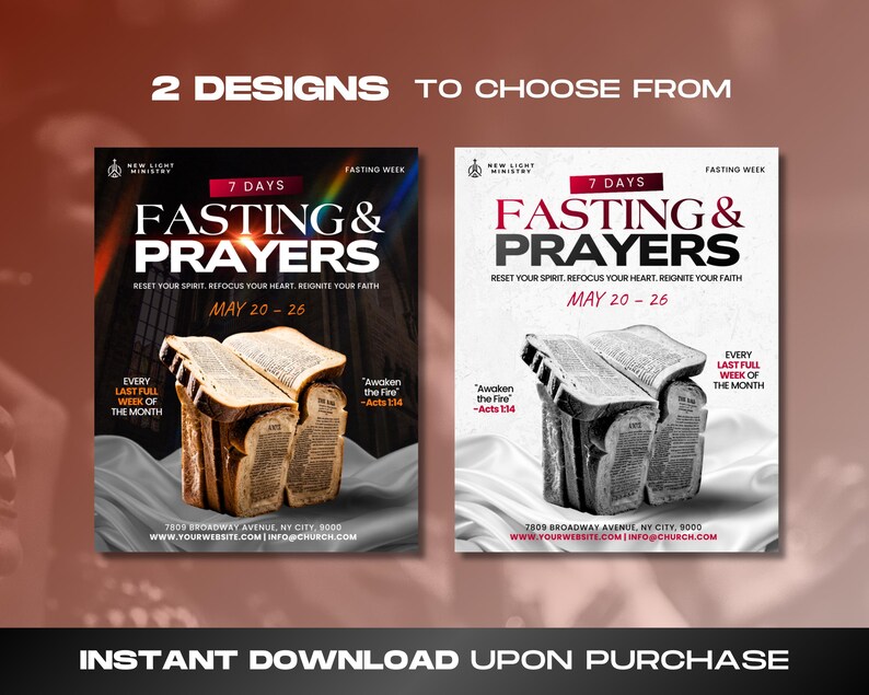 May include: Two designs for a fasting and prayer event are displayed. Each design features the text "Fasting & Prayers" with the dates May 20-26. One design is in black and the other is in white. The text "Instant Download Upon Purchase" is at the bottom.