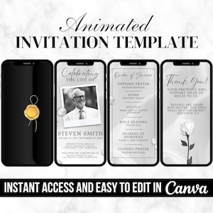 May include: Animated digital invitation template for a memorial service. The template features a black and white photo of a man in a suit, a black and white photo of a white rose, and a black and white order of service. The text on the template includes the name "Steven Smith", the dates "January 09, 1999 - November 20, 20XX", and the words "Celebrating the Life of".
