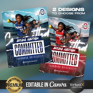 Może przedstawiać: Dwa projekty softballowe z zawodniczką w niebieskim i czerwonym mundurze, z napisem "Committed" i nazwiskiem "Ariana Hartman". Projekty zawierają tekst "Ironwood University" i frazę "2 Designs to Choose From".