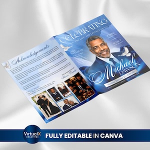 May include: A blue funeral program template featuring a portrait of Michael Dawson, the text Celebrating The Life And Legacy, Acknowledgements, and service details. The layout includes photo collages, white doves, and sunrise and sunset times.