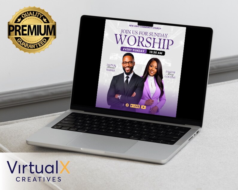 Op de afbeelding: Een laptopscherm dat een paarse en witte flyer toont voor een zondagse kerkdienst in de New Light Community Church. De flyer toont een foto van twee mensen, een man en een vrouw, en de tekst "Join us for Sunday Worship" en "Every Sunday 10:30 AM".