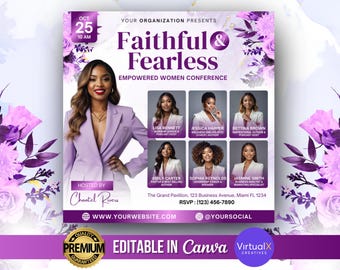 Women’s Meeting Conference Flyer, Guest Speaker Event, Women’s Ministry & Retreat Flyer, Networking, Purple Floral Editable Canva Template