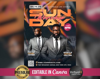 May include: A flyer for a Sunday worship service at The Victorious Life Church. The flyer features a black and white photo of two men in suits, with the text "Sunday Worship Day" in large, bold letters. The event starts at 8 PM on May 15, 2025. The flyer also includes the names of the guest speaker and host, as well as the church's website and address.