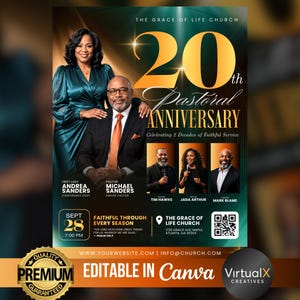 May include: A digital flyer for The Grace of Life Church 20th Pastoral Anniversary featuring photos of Andrea and Michael Sanders, Tim Hawks, Jada Arthur, and Mark Blame. The design includes gold text, a QR code, and event details for September 28.