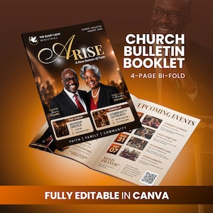 Könnte beinhalten: Eine vierseitige, gefaltete Kirchenbulletin-Broschürenvorlage in Dunkelbraun und Gold. Das Titelblatt zeigt den Text Arise, A New Season of Faith, The Glory Light Ministries sowie Fotos eines Pastors und einer First Lady.