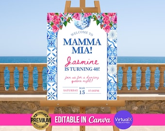Mamma Mia Birthday Welcome Sign, Dancing Queen Party Signage, Mamma Mia Theme Backdrop, 30th Bday Mediterranean Template, DIY Bachelorette