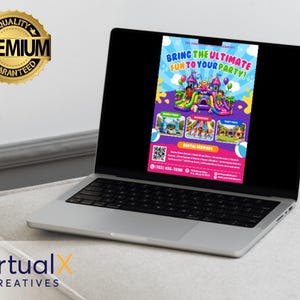 Puede incluir: Un port&aacute;til muestra un anuncio de alquiler de fiestas. El anuncio presenta castillos hinchables, toboganes y el texto "BRING THE ULTIMATE FUN TO YOUR PARTY!". Un sello dorado "PREMIUM GUARANTEED" est&aacute; en la esquina superior izquierda. El port&aacute;til est&aacute; sobre una superficie clara.