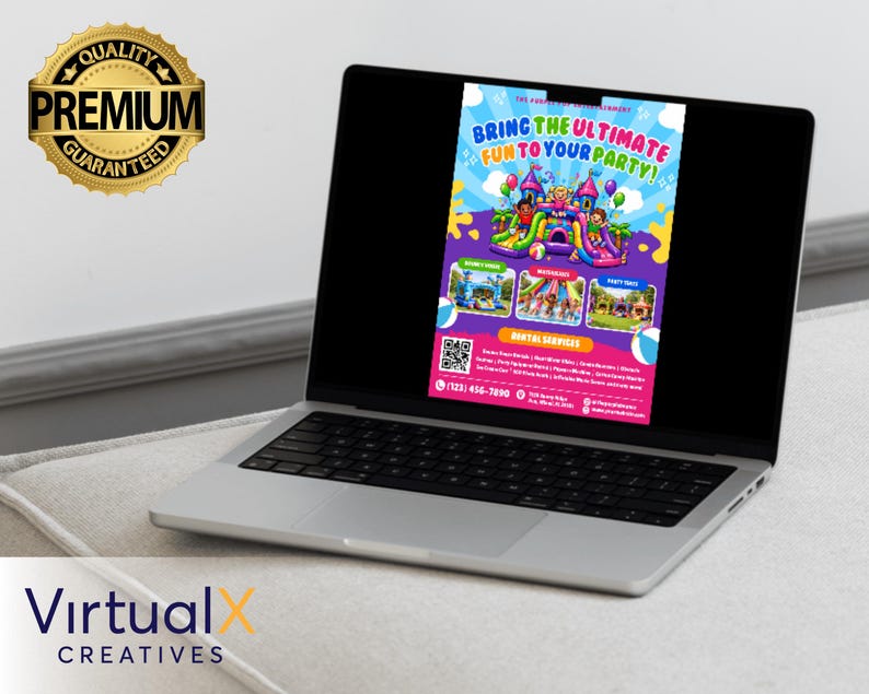 Puede incluir: Un port&aacute;til muestra un anuncio de alquiler de fiestas. El anuncio presenta castillos hinchables, toboganes y el texto "BRING THE ULTIMATE FUN TO YOUR PARTY!". Un sello dorado "PREMIUM GUARANTEED" est&aacute; en la esquina superior izquierda. El port&aacute;til est&aacute; sobre una superficie clara.