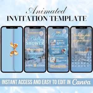 Może przedstawiać: Cyfrowy szablon zaproszenia na baby shower, wyświetlany na czterech smartfonach. Projekt zawiera jasnoniebieskie tło ze złotymi akcentami i tekstem "Animated INVITATION TEMPLATE". Łatwy do edycji w Canva.