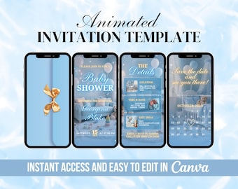 Może przedstawiać: Cyfrowy szablon zaproszenia na baby shower, wyświetlany na czterech smartfonach. Projekt zawiera jasnoniebieskie tło ze złotymi akcentami i tekstem "Animated INVITATION TEMPLATE". Łatwy do edycji w Canva.
