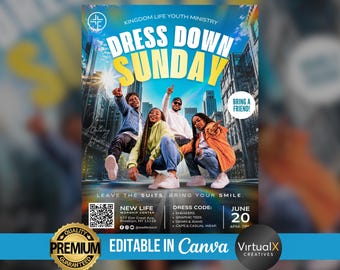 Dress Down Sunday Flyer, Youth Template, Church Conference Event Marketing Poster, Editable Youth Ministry  Service Promotion, DIY Canva