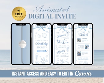 Animated Beach Birthday Invitation, Coastal Teen Bday Video Invite, Editable Canva Ocean Theme Evite, Blue Seashell Digital Invitation