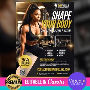 Flyer de Personal Trainer, Instrutor de Ginástica Fitness, Flyer de Treinador Esportivo, Design de Modelo de Flyer DIY, Flyer de Associação de Fitness Canva para Imprimir