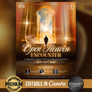 Puede incluir: Un cartel promocional para "Open Heaven Encounter" con la silueta de una persona caminando hacia una puerta brillante. El cartel incluye el texto "Una Noche Profética de Avance y Adoración" e información sobre los oradores. El evento está programado para el 25 de octubre de 2025.