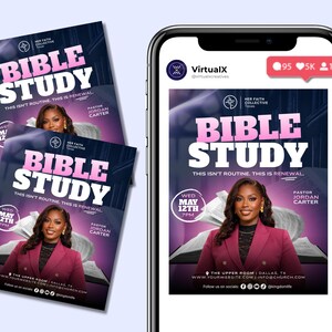 Peut inclure: Graphique promotionnel pour un &eacute;v&eacute;nement d'&eacute;tude biblique. Le design pr&eacute;sente le texte "BIBLE STUDY" en grandes lettres roses, avec le slogan "THIS ISN'T ROUTINE. THIS IS RENEWAL." Une femme en blazer rose est pr&eacute;sent&eacute;e. Les d&eacute;tails de l'&eacute;v&eacute;nement sont &eacute;galement inclus.