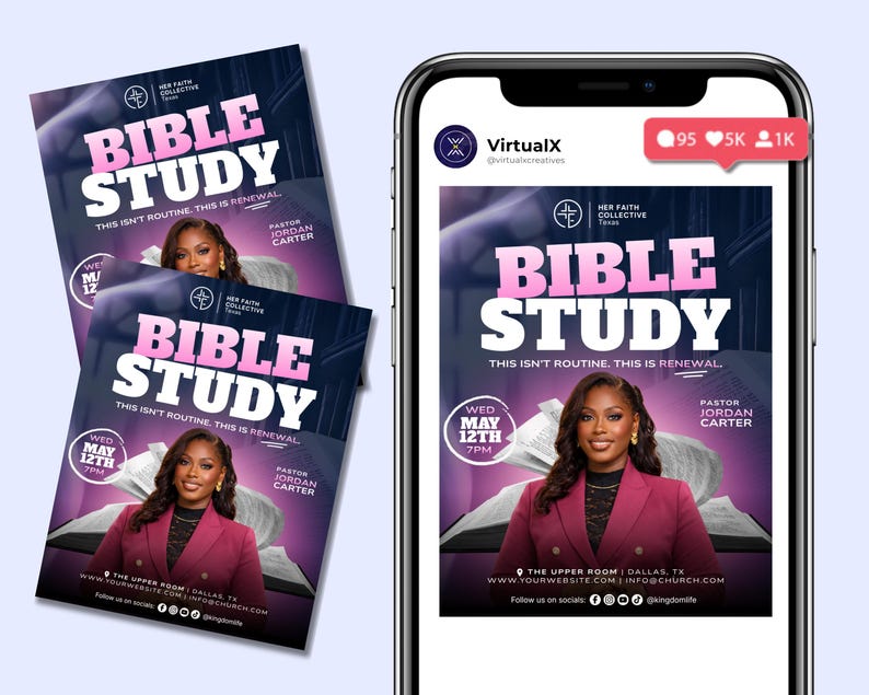 Peut inclure: Graphique promotionnel pour un &eacute;v&eacute;nement d'&eacute;tude biblique. Le design pr&eacute;sente le texte "BIBLE STUDY" en grandes lettres roses, avec le slogan "THIS ISN'T ROUTINE. THIS IS RENEWAL." Une femme en blazer rose est pr&eacute;sent&eacute;e. Les d&eacute;tails de l'&eacute;v&eacute;nement sont &eacute;galement inclus.