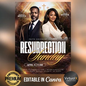 May include: A promotional poster for Faith Covenant Church's Resurrection Sunday event. The poster features images of Nathan Brooks and Hilda Brooks, with the text "Resurrection Sunday" in large, stylized lettering. Additional text includes the date, time, and website information.