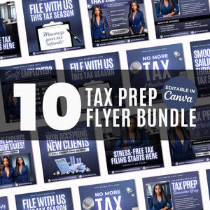 Może przedstawiać: Zestaw 10 edytowalnych ulotek Canva dla usług przygotowania podatków. Ulotki mają niebiesko-białą kolorystykę z obrazami kobiet i tekstem, który brzmi: "Tax Prep Flyer Bundle", "File with us this tax season", "No More Tax Headaches", "Smooth Sailing Through Tax SZN?", "Trust the Experts with Your Taxes!" i "Now Accepting New Clients".