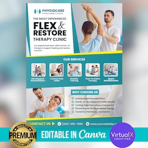 Physiotherapie-Klinik Flyer, Physiotherapie Flyer, gesundheits Business Flyer, Physiotherapeuten Flyer, Grußkarten Vorlage, Reha
