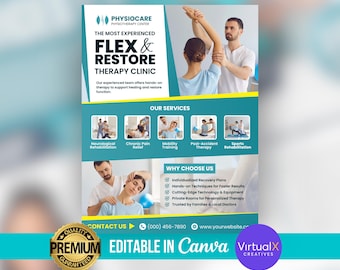 Physiotherapy Clinic Flyer, Physical Therapy Flyer, Health Care Business Flyer, Therapist Flyer, Chiropractor Rehabilitation Template, DIY
