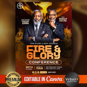 Puede incluir: Un cartel promocional para la Conferencia Fire & Glory de The Glory Light Church. El diseño presenta a dos hombres con trajes sobre un fondo ardiente. El texto incluye el título de la conferencia, la fecha, la hora y el lugar en Nueva York. El cartel también incluye el texto "Editable in Canva."