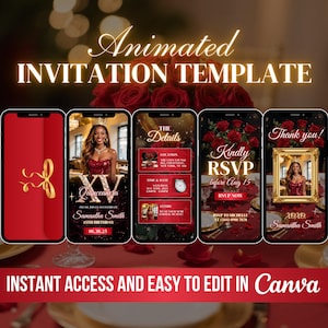 Quinceanera Birthday Invite, Red Quinceañera Animated Invitation, Fifteenth Bday Party Digital, Mis Quince Años E-vite, Editable Sweet 16