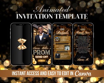 Gold Prom Send Off Invite, Prom Party Animated Invitation, Men Prom Celebration Template, Digital Prom Night Party Video, DIY Canva E-vite