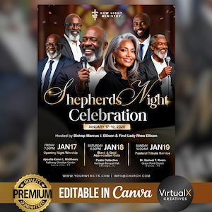 May include: A promotional poster for the "Shepherds Night Celebration" event, featuring images of several smiling people. The poster includes event details such as dates, times, and locations, with the text "EDITABLE IN Canva" at the bottom.