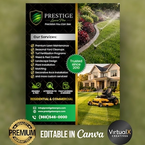 May include: A promotional flyer for Prestige Lawn Pro, with a green and black design. The flyer lists lawn care services, a house, a riding lawnmower, and a sprinkler system. The text includes "Premium" and "Quality Guaranteed."