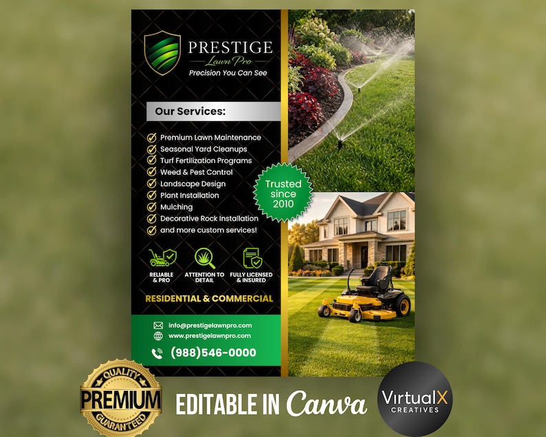 May include: A promotional flyer for Prestige Lawn Pro, with a green and black design. The flyer lists lawn care services, a house, a riding lawnmower, and a sprinkler system. The text includes "Premium" and "Quality Guaranteed."