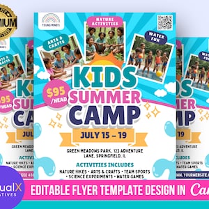 May include: A colorful flyer for a kids summer camp. The flyer is blue, yellow, and pink with a white background. It features a picture of kids playing in a pool, kids doing arts and crafts, and kids hiking in nature. The flyer says "Kids Summer Camp" and "$95/head".