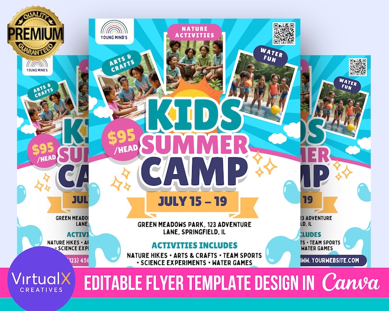 May include: A colorful flyer for a kids summer camp. The flyer is blue, yellow, and pink with a white background. It features a picture of kids playing in a pool, kids doing arts and crafts, and kids hiking in nature. The flyer says "Kids Summer Camp" and "$95/head".