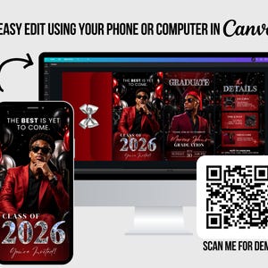 May include: A digital graduation announcement template displayed on a smartphone and computer screen. The design features a graduate in a red suit, the text "Class of 2026," and the phrase "The Best is Yet to Come." A QR code is also visible.
