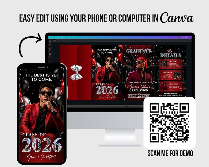 May include: A digital graduation announcement template displayed on a smartphone and computer screen. The design features a graduate in a red suit, the text "Class of 2026," and the phrase "The Best is Yet to Come." A QR code is also visible.