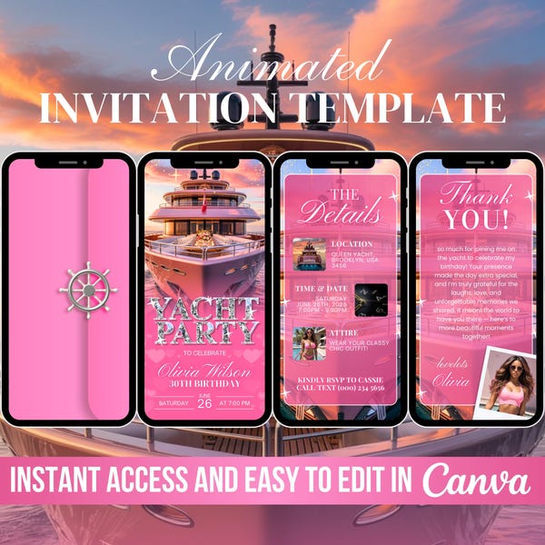 Uitnodiging voor feest roze jacht, luxe boot verjaardagsfeestje uitnodigen, digitale cruisevideo, weekendbootfeest, zomerevenement geanimeerd, DIY Canva