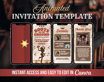 Boots on the Ground Invite, Saddle Up, Western Themed Birthday Hoedown Animated Invitation, Cowboy Evite, Digital Rodeo Canva Template DIY
