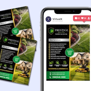 May include: An advert for Prestige Lawn Pro, with a black and green design, showcasing their logo and services. The image includes a house with a well-kept lawn and a lawnmower, promoting residential and commercial services.