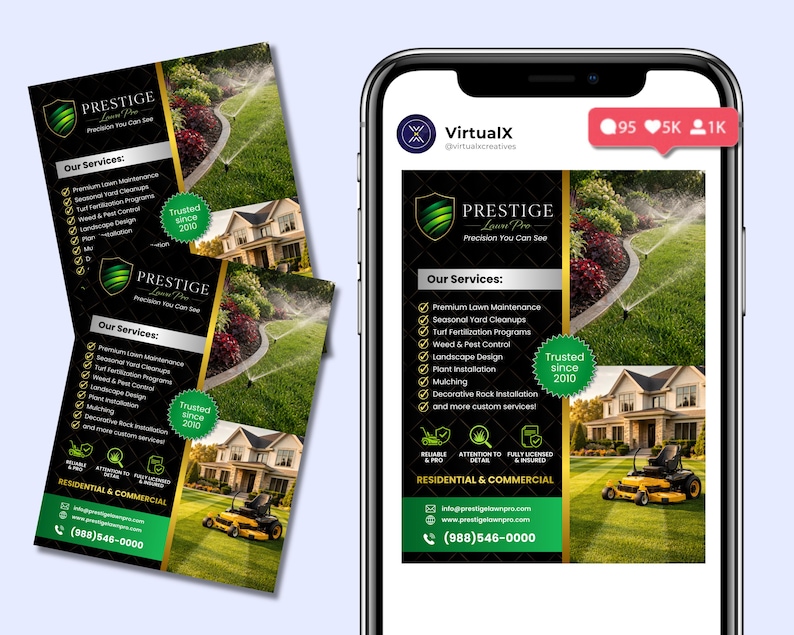 May include: An advert for Prestige Lawn Pro, with a black and green design, showcasing their logo and services. The image includes a house with a well-kept lawn and a lawnmower, promoting residential and commercial services.