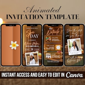 Invitación a fiesta de cumpleaños de spa, itinerario animado para un día de spa, video de pijamada, manicura y pedicura digital para una noche de chicas en Canva