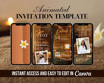 Invitación a fiesta de cumpleaños de spa, itinerario animado para un día de spa, video de pijamada, manicura y pedicura digital para una noche de chicas en Canva