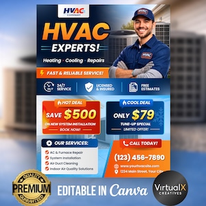 May include: HVAC company advertisement with a smiling man in a blue uniform. The ad features text that says "HVAC EXPERTS!" and lists services like heating, cooling, and repairs. It also highlights deals and contact information.
