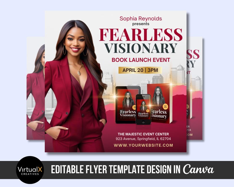 May include: A flyer for a book launch event featuring a woman in a red suit. The flyer is titled "Fearless Visionary" and the event is scheduled for 20 April at 3 PM at The Majestic Event Center. The flyer also includes the website address www.yourwebsite.com.