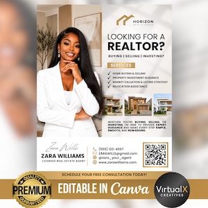 Op de afbeelding: Een vastgoedflyer met een professional in een witte blazer, de tekst LOOKING FOR A REALTOR?, een dienstenlijst, drie huizenfoto's, contactgegevens van Zara Williams, een QR-code en een banner met EDITABLE IN Canva.