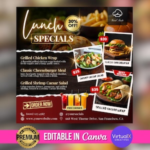 Bearbeitbarer Mittagsangebot-Flyer, spezielles Sonntagsmenü, Mittagsverkaufs-Flyer, Restaurantverkaufsvorlage, Chef-Flyer, Lebensmittelmenü-marketing